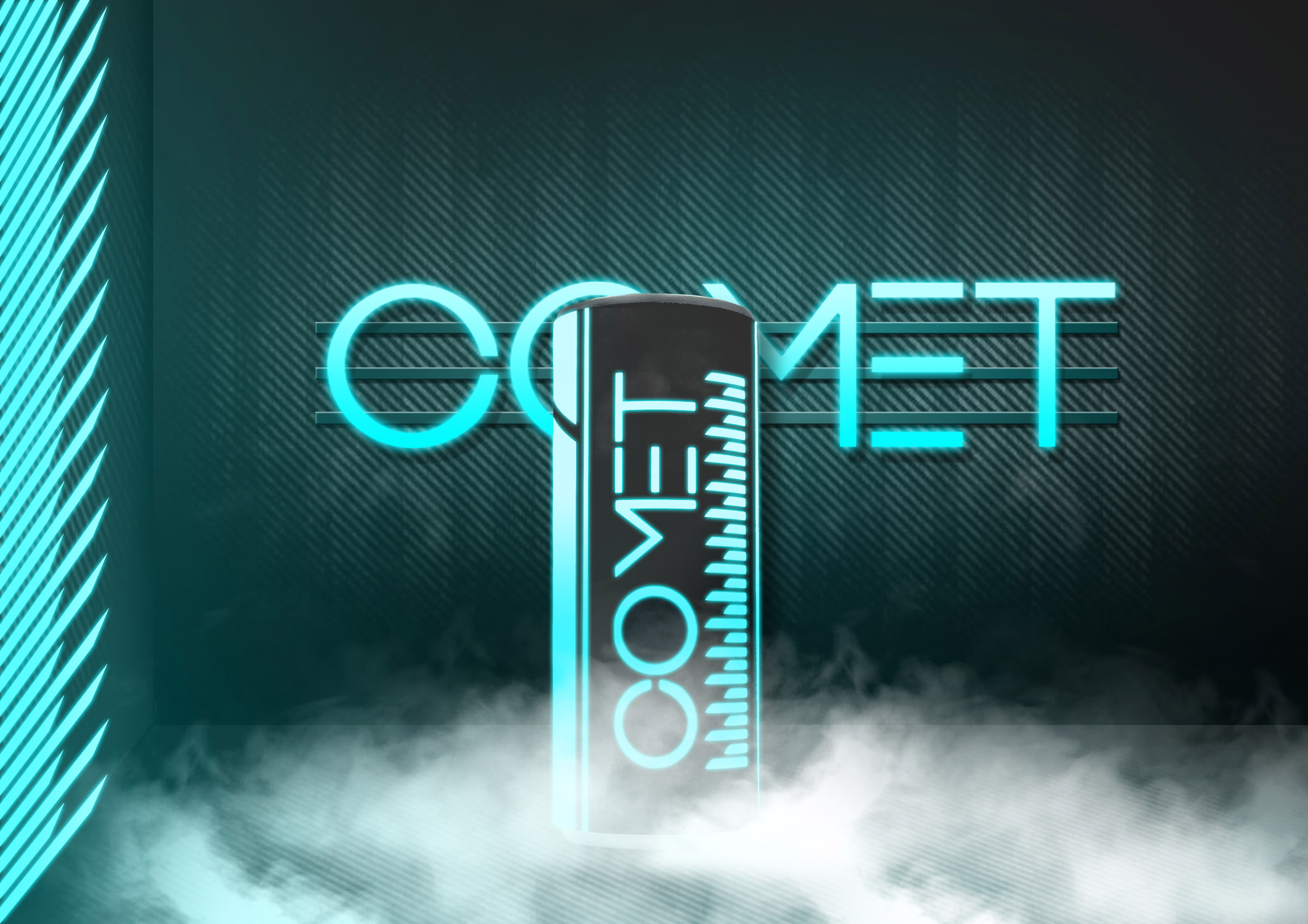 COMET energy drinks can placed in front of dark background with cyan lighting