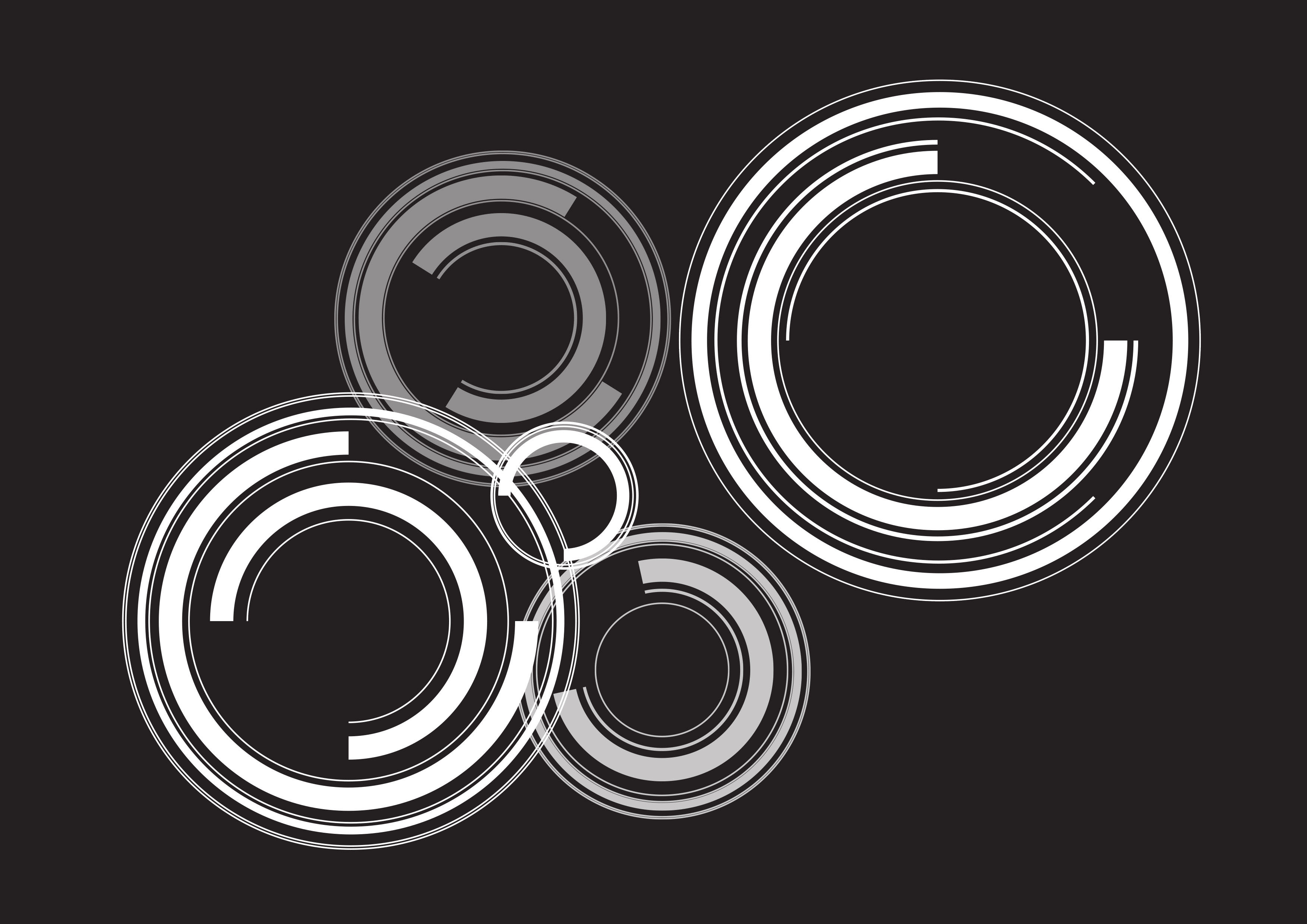 White and grey circles arranged in an abstract manner over a near-black background